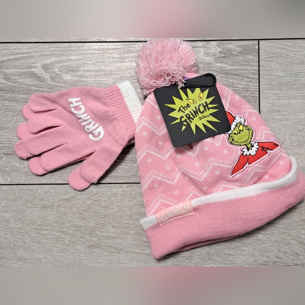 New Dr. Seuss The Grinch Pink Kids Winter Hat and Gloves Set